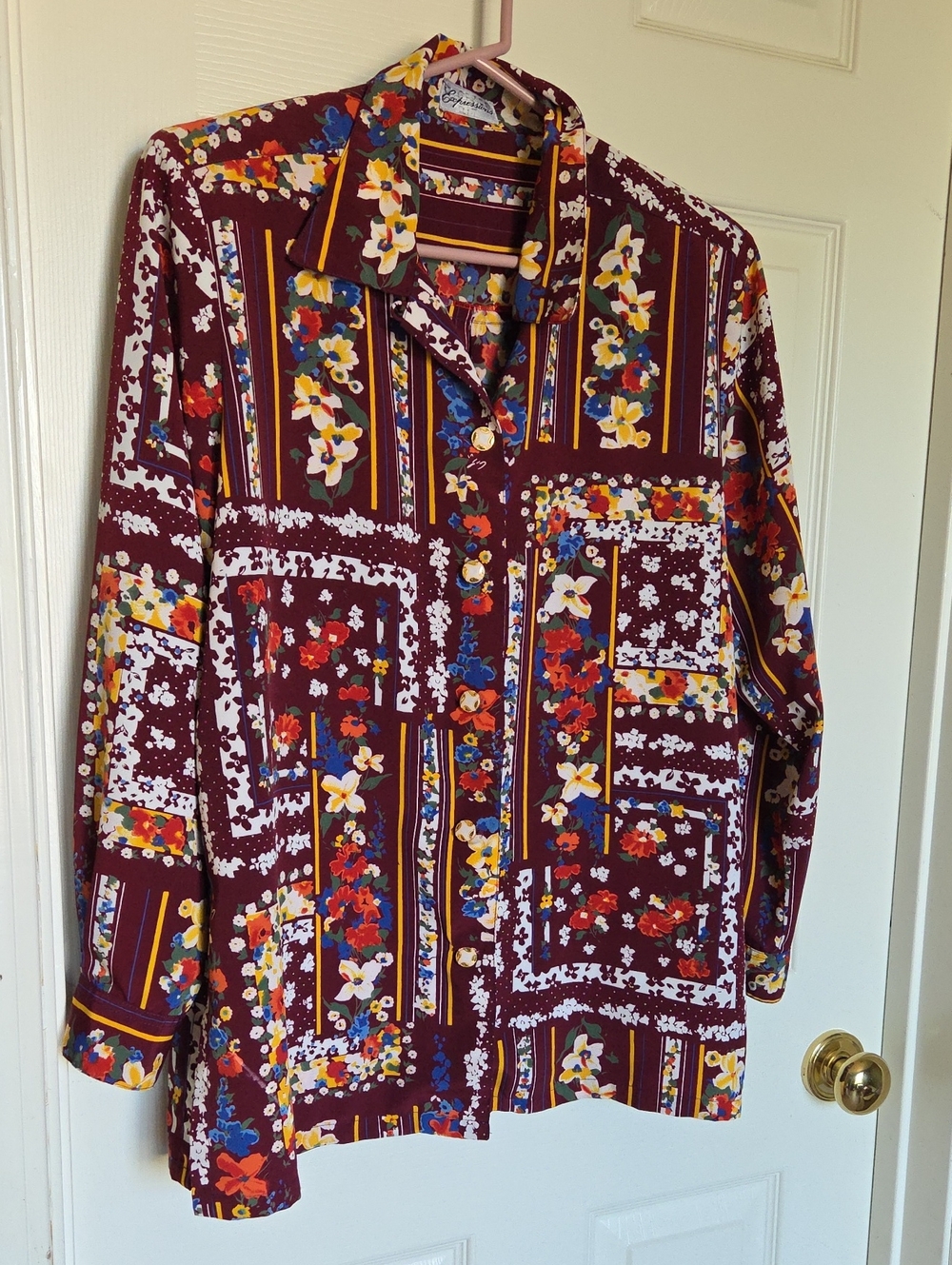 Expressions Vintage Burgundy Floral & Stripe Patchwork Button-Down Shirt